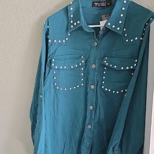 Teal Studded Shirt Dress Or Open Duster